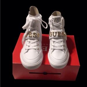 NIB...GUESS High Top White Sneakers with Gold Details and side zipper.